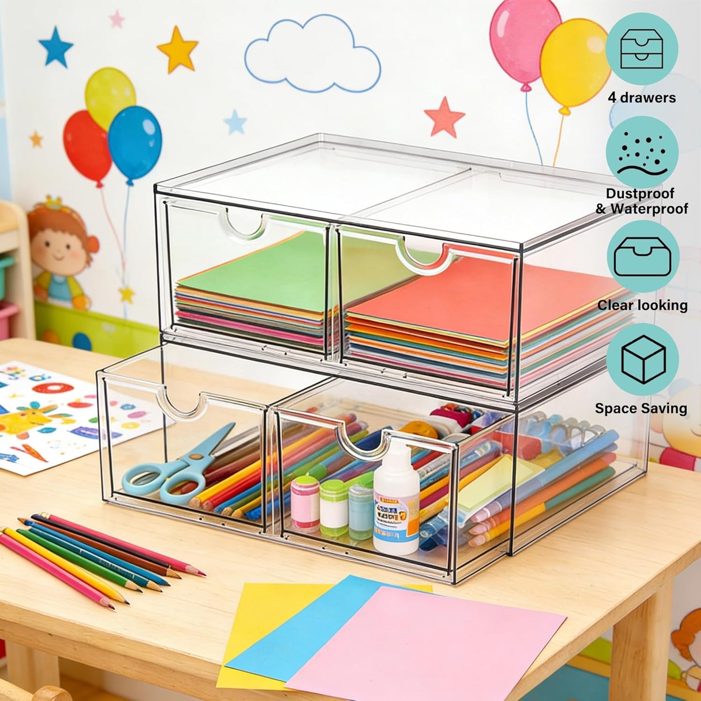 Prsildan Acrylic Drawer Makeup Organizer with 6 Drawers (Not for Baby Bottle), Set of 2 Office Desk Organizers Accessories, Clear Stackable Storage Drawers for Vanity, Craft (Largest Drawer 4" Tall)