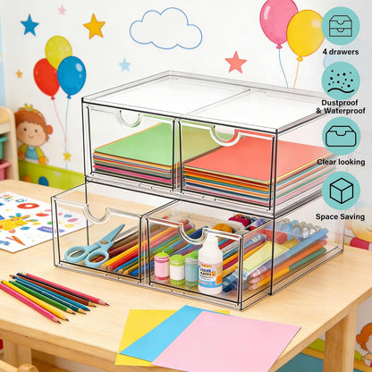 Prsildan Acrylic Drawer Makeup Organizer with 6 Drawers (Not for Baby Bottle), Set of 2 Office Desk Organizers Accessories, Clear Stackable Storage Drawers for Vanity, Craft (Largest Drawer 4" Tall)
