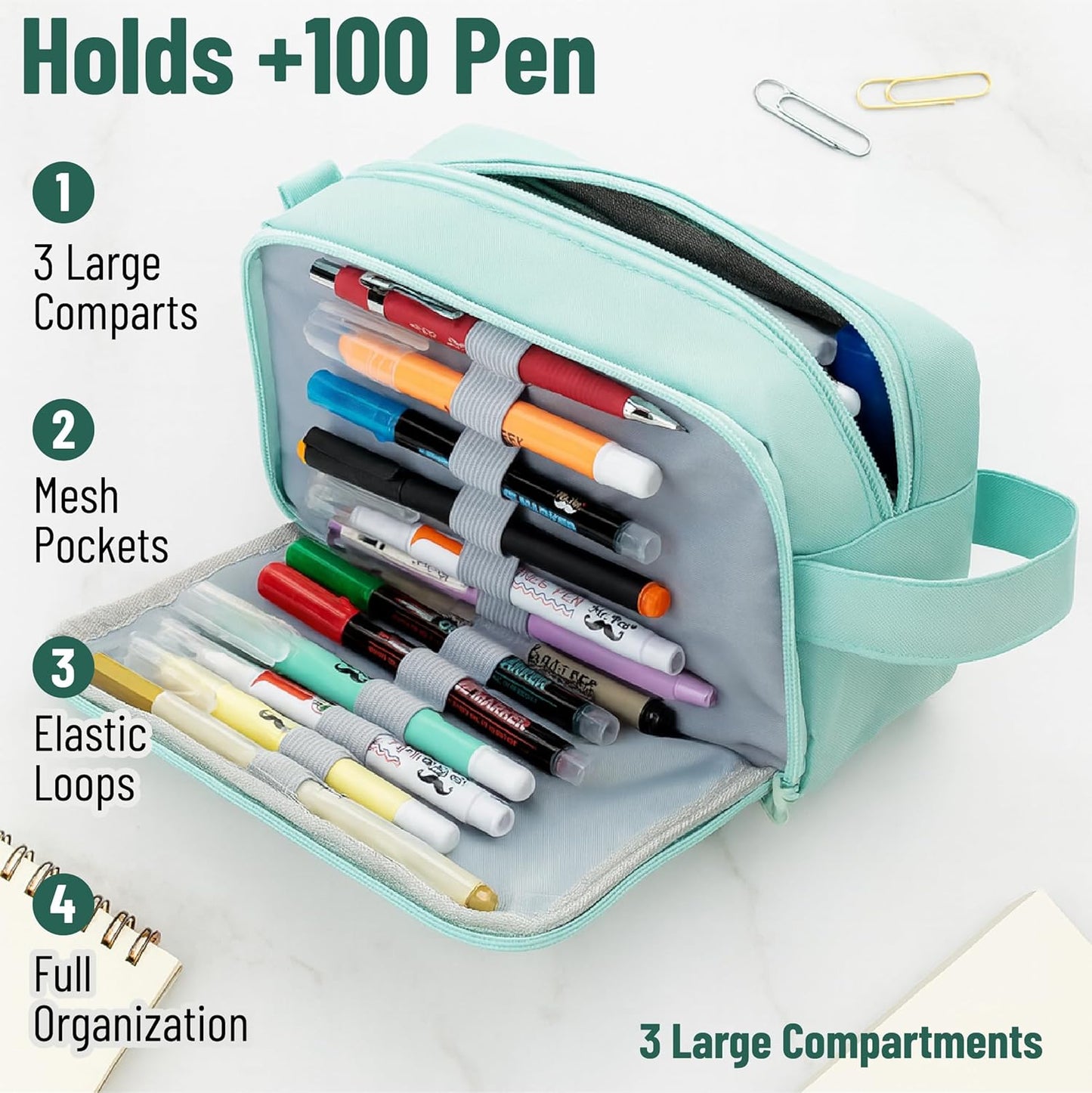 Mr. Pen- High Capacity Pencil Case, Large Pencil Pouch with 3 Compartments and 2 Pockets, Large Pencil Bag with Smooth Zipper, Cute Pencil Case Pouch Organizer, School Supplies for Teens