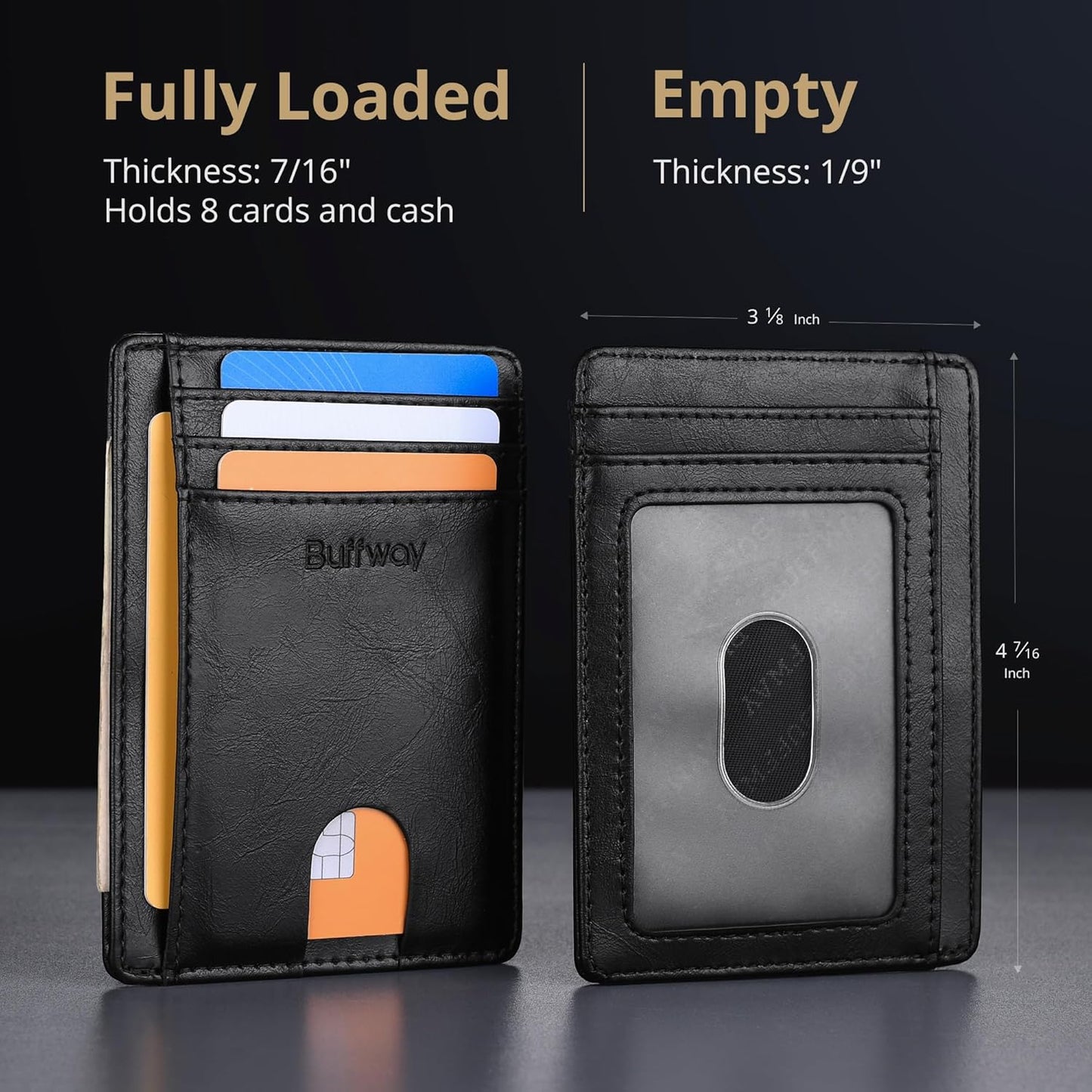 Buffway Slim Minimalist Front Pocket RFID Blocking Leather Wallets for Men and Women - Carbon Fiber Black - Colors A