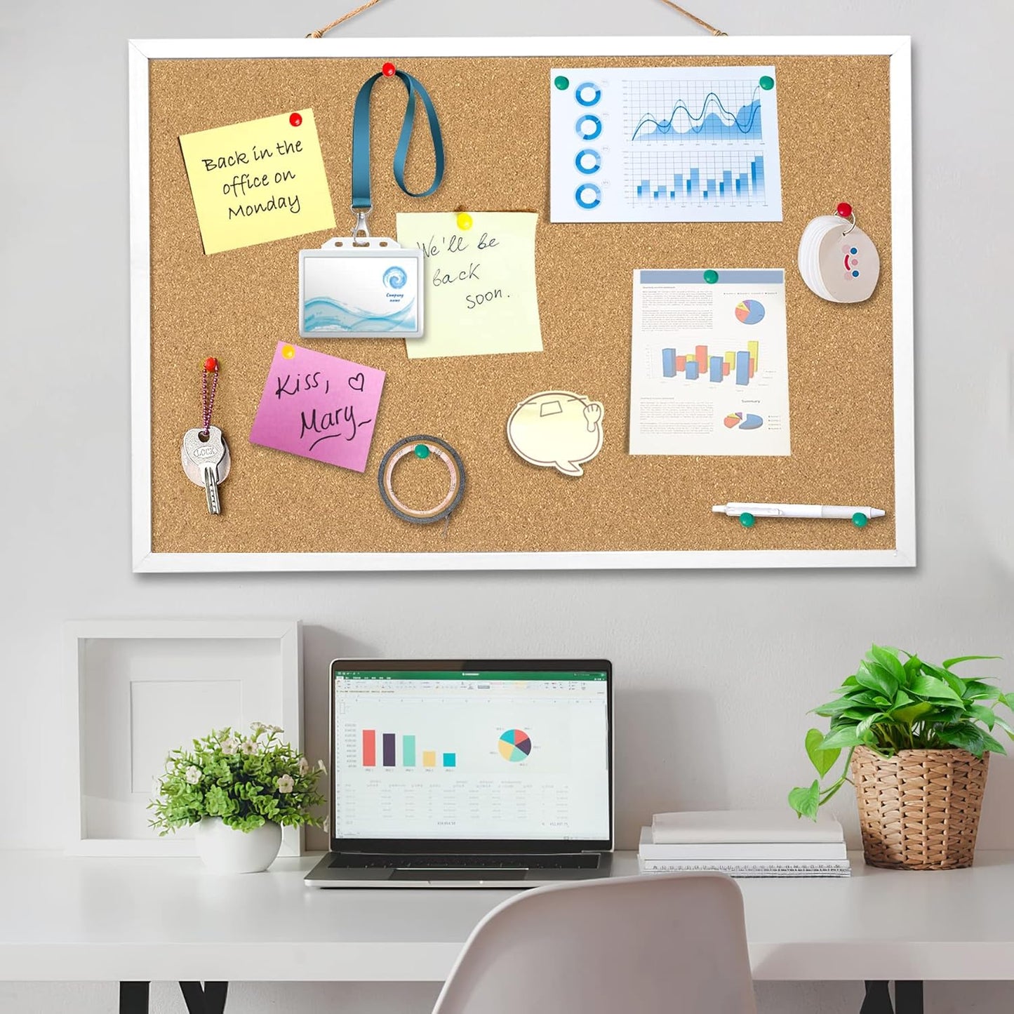 FEBSNOW Cork Board Bulletin Board 15.7 x 12 Inches with Rectangle White Frame Hanging Pin for Office Home Message Board or Vision Board Decoration