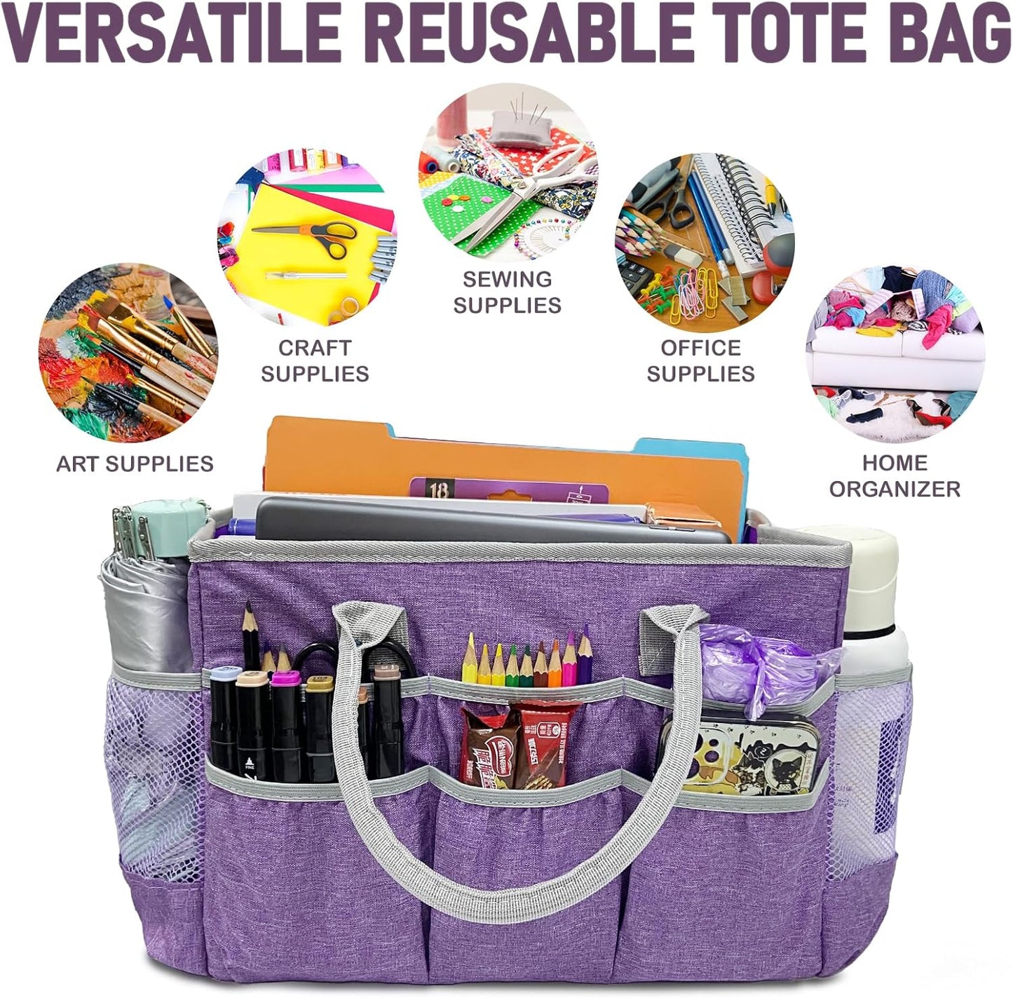 Cupohus Craft Organizer Tote Bag – Craft Caddy with 2 Mesh Side Pockets & Front Elastic Pockets, Foldable Large Capacity Supply Storage Bag for Sewing, Knitting, Painting, and Travel (Purple)