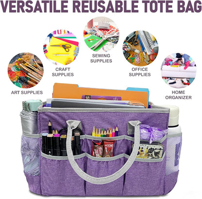 Cupohus Craft Organizer Tote Bag – Craft Caddy with 2 Mesh Side Pockets & Front Elastic Pockets, Foldable Large Capacity Supply Storage Bag for Sewing, Knitting, Painting, and Travel (Purple)