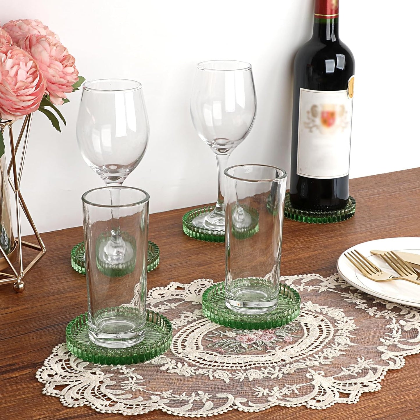 Modern Clear Coasters Set of 5- Glass Cute Coasters for Drinks Crystal Coaster Round Chic Cup Mat Cute Coffee Table Coaster for Kitchen, Bar, Dining Room, Living Room, Patio(Amber)