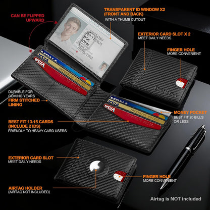 Wallet for Men Slim RFID Blocking Bifold Carbon Fiber,Minimalist Small Compact Front Pocket Credit Card Holder,Thin Mens Leather Wallets Smart Security With 2 ID Windows 1 Cash,Birthday Gifts for Men