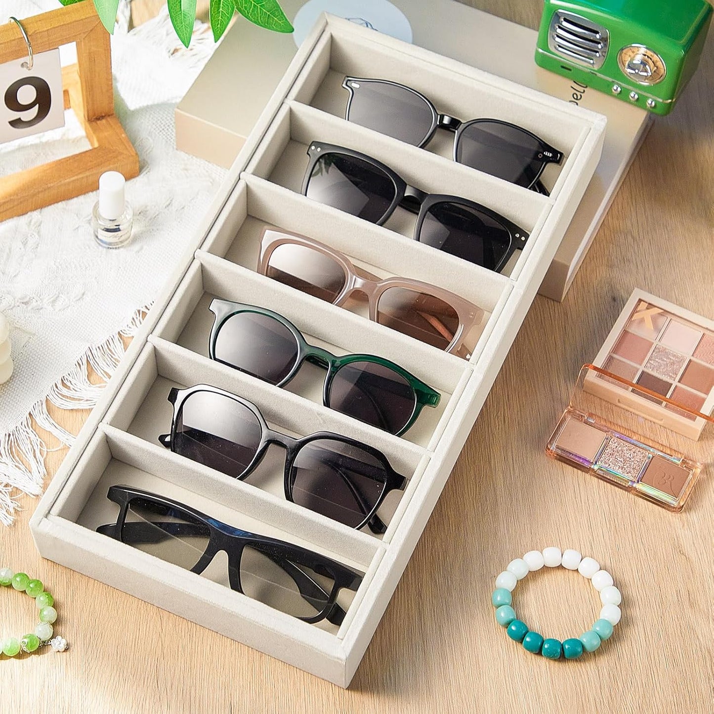 Juexica 2 Pcs Velvet Sunglasses Organizer Tray 6 Grid Sunglass Organizer Velvet Tray Stackable Glasses Display Case for Women Glasses Jewelry Display Watch (Beige)