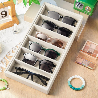 Juexica 2 Pcs Velvet Sunglasses Organizer Tray 6 Grid Sunglass Organizer Velvet Tray Stackable Glasses Display Case for Women Glasses Jewelry Display Watch (Beige)
