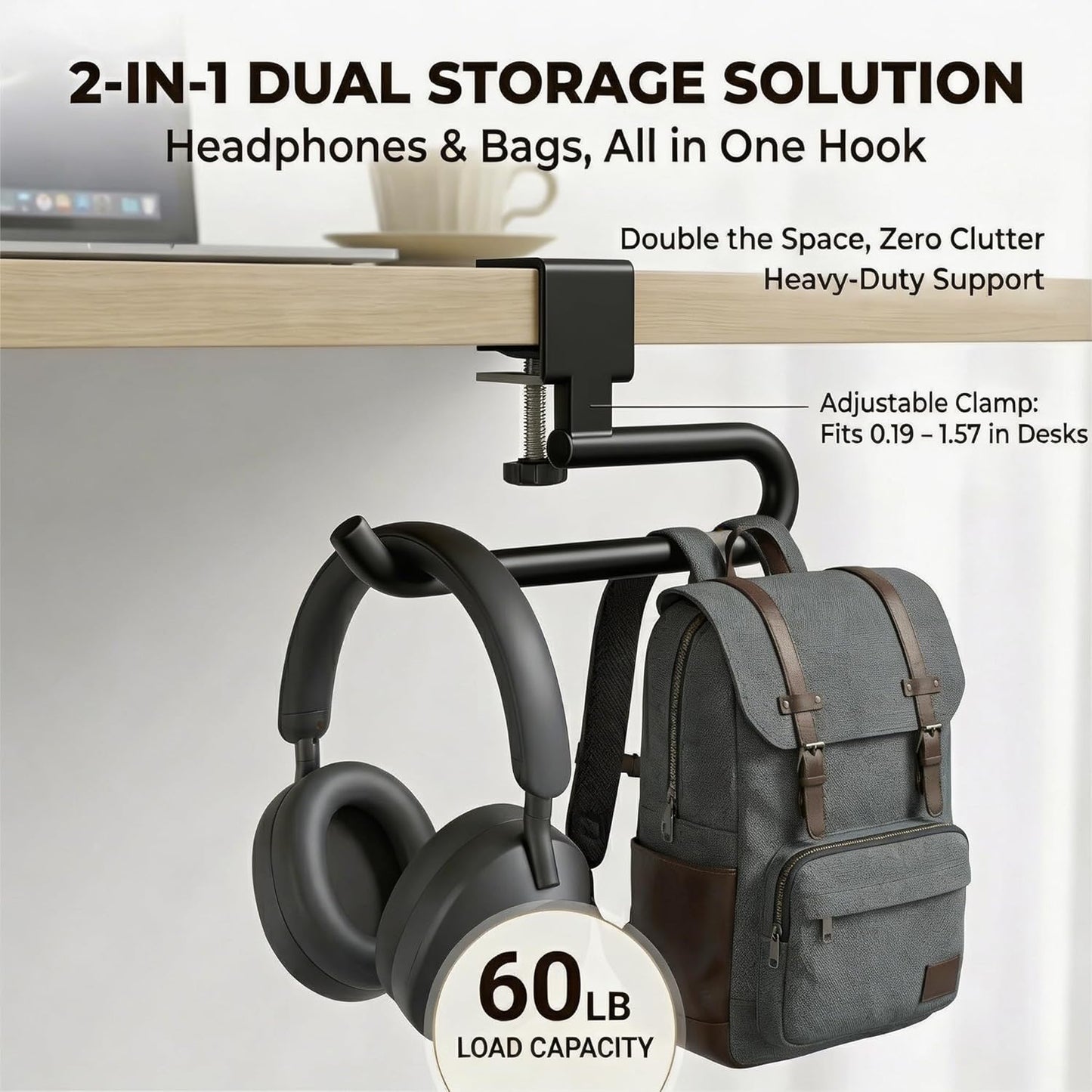 Desk Hook & Bag Hooks for Tables, Anti-Slip 60LB Heavy Duty Clamp-On Backpack Hanger, Extended Clearance Bag Holder for Desk for Office & Gaming, Adjustable (0.19-1.57in) (White)