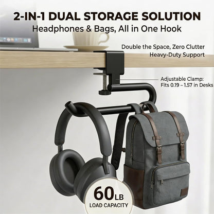 Desk Hook & Bag Hooks for Tables, Anti-Slip 60LB Heavy Duty Clamp-On Backpack Hanger, Extended Clearance Bag Holder for Desk for Office & Gaming, Adjustable (0.19-1.57in) (White)