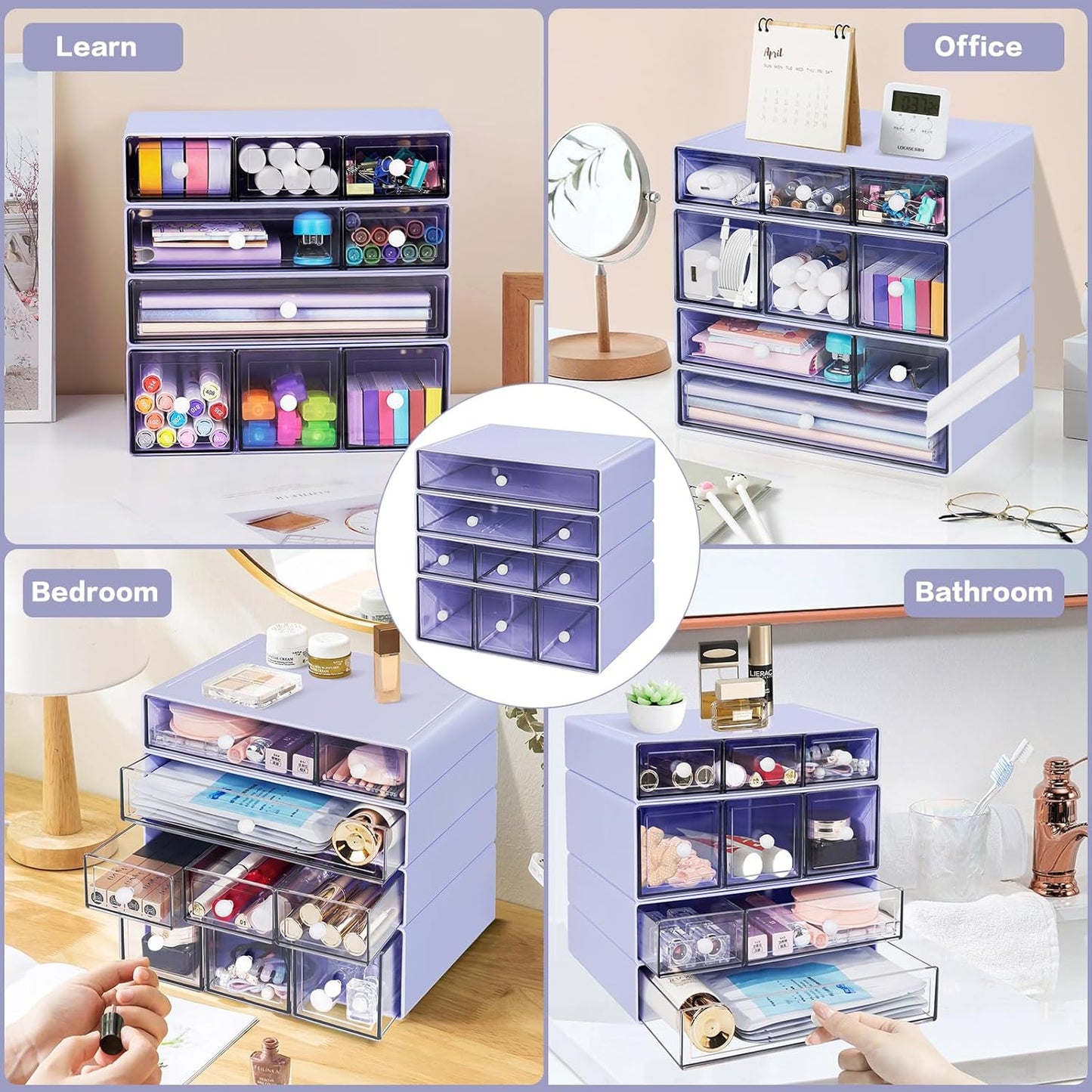 Desk Storage Organizer with 9 Drawers, 4 Tiers Stackable Desktop Craft Storage Drawers, Clear Storage Box Caddy for Stationary Makeup Jewelry Office Craft Supplies (Green)