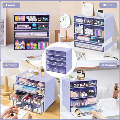 Desk Storage Organizer with 9 Drawers, 4 Tiers Stackable Desktop Craft Storage Drawers, Clear Storage Box Caddy for Stationary Makeup Jewelry Office Craft Supplies (Green)
