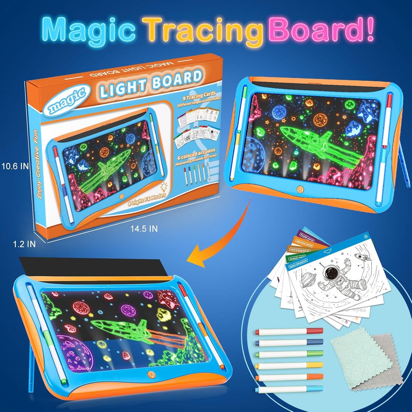 Magic LED Drawing Board for Kids, Girls Toys Age 6-8, Light Up Tracing Pad with 9 Double-Sided Cards, 6 Washable Markers, Arts & Crafts Kits Learning Toy Glow Up Doodle Board Christmas Birthday Gifts