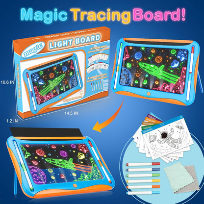 Magic LED Drawing Board for Kids, Girls Toys Age 6-8, Light Up Tracing Pad with 9 Double-Sided Cards, 6 Washable Markers, Arts & Crafts Kits Learning Toy Glow Up Doodle Board Christmas Birthday Gifts