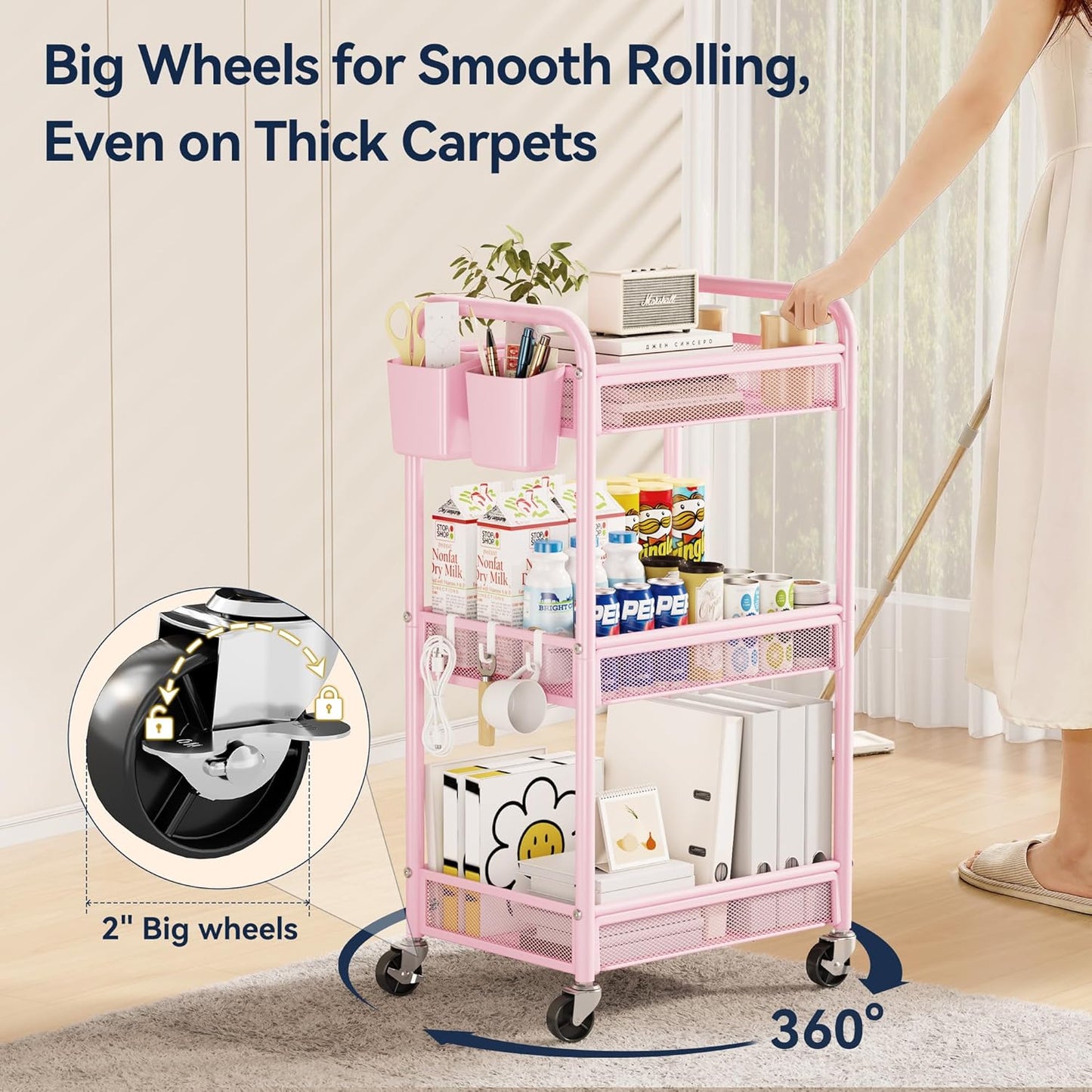 YASONIC 3 Tier Rolling Cart – Metal Utility Storage Carts with Wheels, Craft Carts Organizer with Hanging Cups, Hooks, Mesh Basket for Bedside Kitchen Office Art, Green