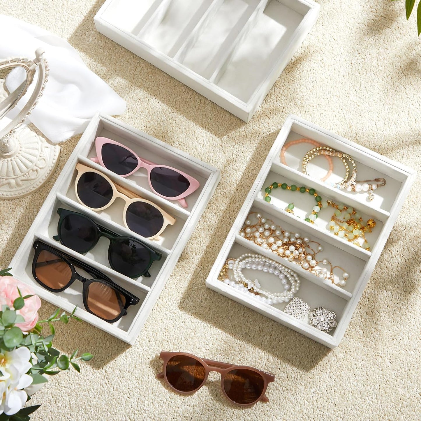 Amylove 4 Pcs Gray Sunglass Organizer Trays 4 Grids Velvet Glasses Holder Jewelry Display Organizer Eyeglasses Storage Box Drawer