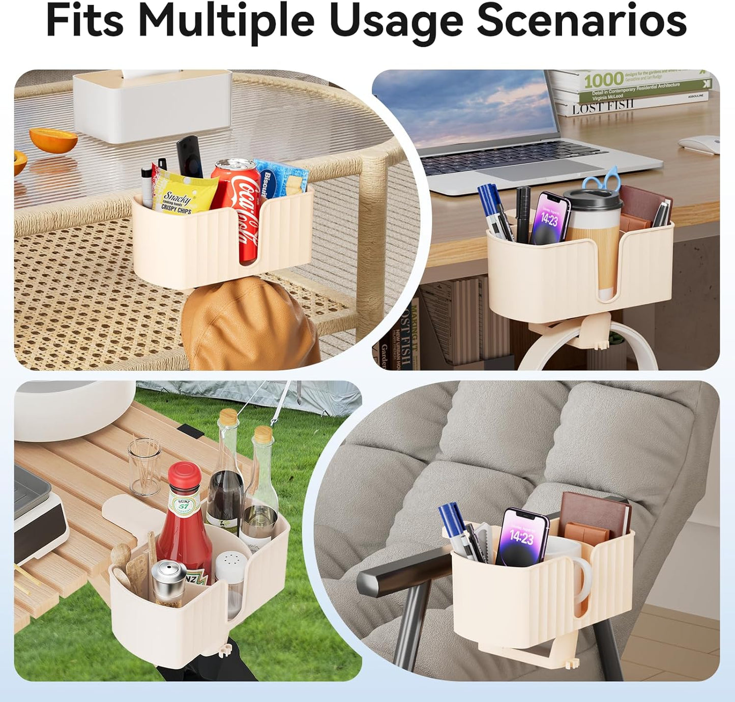 4 in 1 Desk Cup Holder with Storage — Clamp-On Under Desk Cup Holder & Rotating Headphone Hanger, Built-in 2 Wire Holes, Detachable Storage Compartment for Cups, Phones & Pens Desktop Accessories