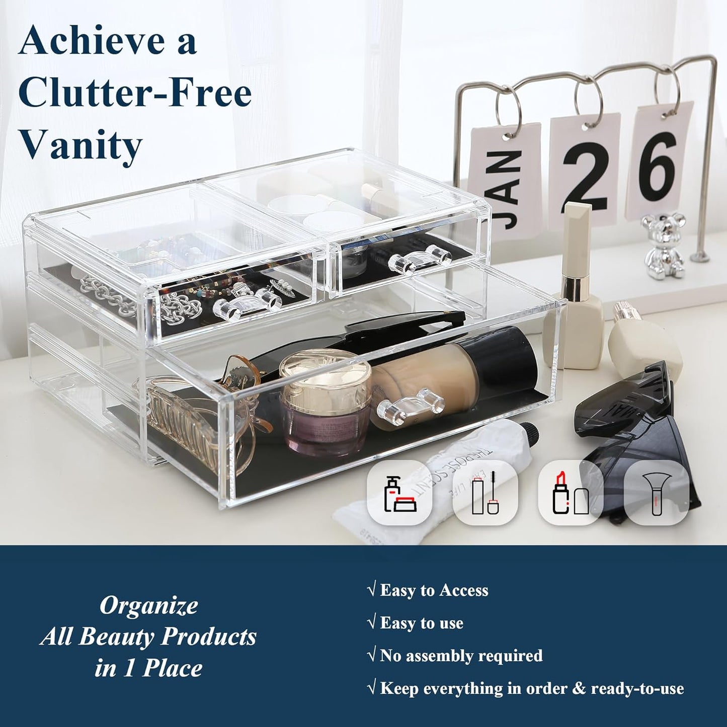 Sea Team Clear Makeup Organizer with Drawers, Acrylic Plastic Cosmetic Display Case, Jewelry Storage Box, Holder for Dresser, Bathroom, Vanity, Countertop (3 Middle Drawers)
