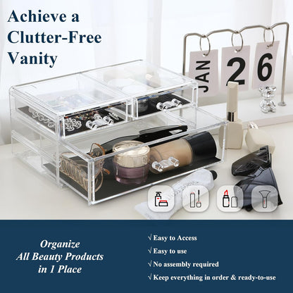 Sea Team Clear Makeup Organizer with Drawers, Acrylic Plastic Cosmetic Display Case, Jewelry Storage Box, Holder for Dresser, Bathroom, Vanity, Countertop (3 Middle Drawers)