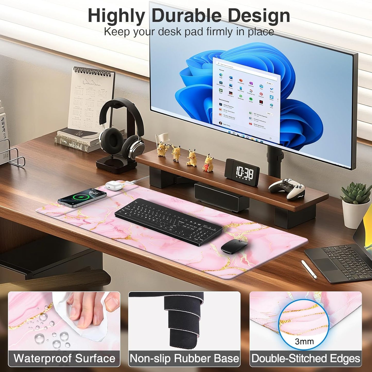 Wireless Charging Mouse Pad with Foldable Phone Holder, 31.5"x15.8" Large Desk Mat for Laptop/Keyboard, Waterproof Ultra-Smooth Surface, Non-Slip Base, Black