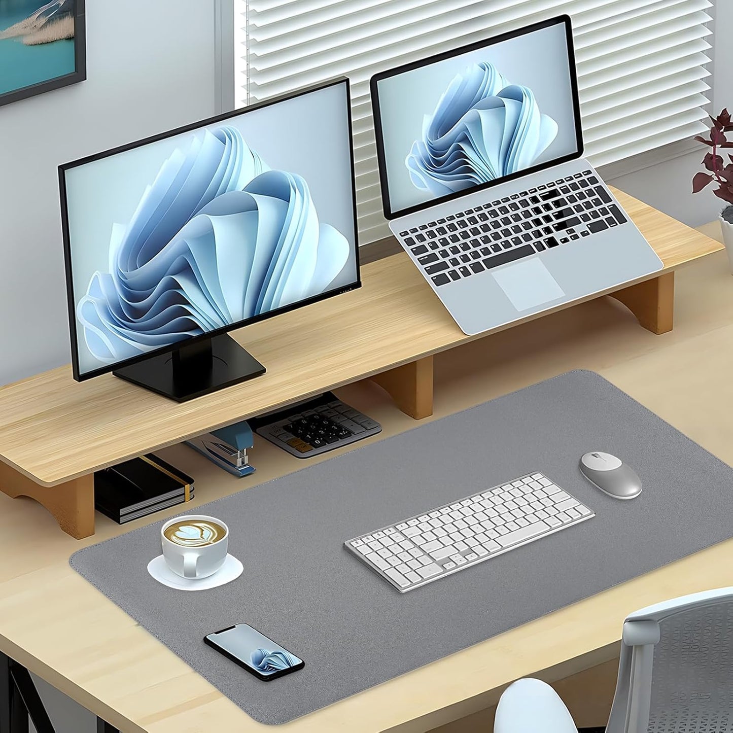 Dual-Sided Desk Pad, Large Mouse Pad - Natural Cork & PU Leather Non-Slip Waterproof Desk Mats for Office and Home (Blue, 31.5" x 15.7")