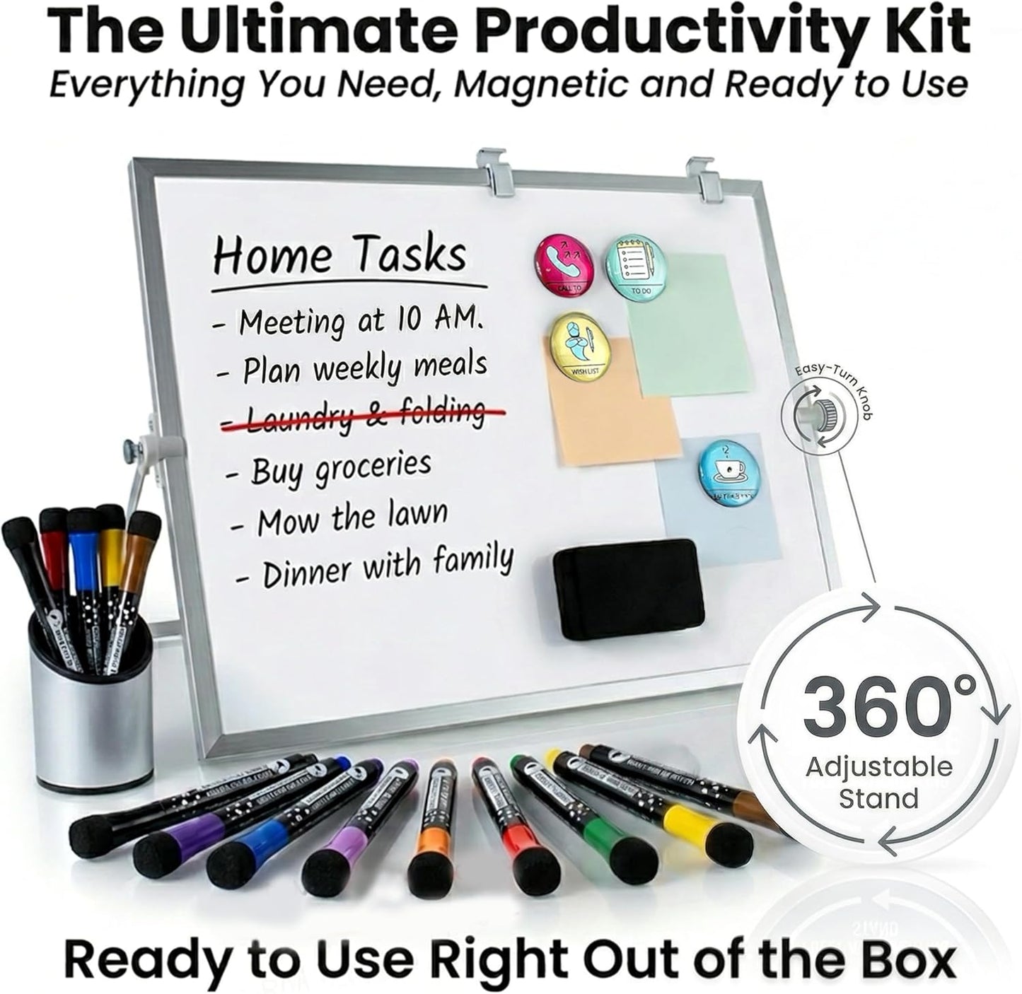 Dry Erase White Board for Desktop & Wall 12"x16" with 2 Magnetic Removable Planners - Weekly & Monthly to Do List Board with Stand, 6 Markers Eraser & Wall Hangers - Portable Double Sided Magnetic