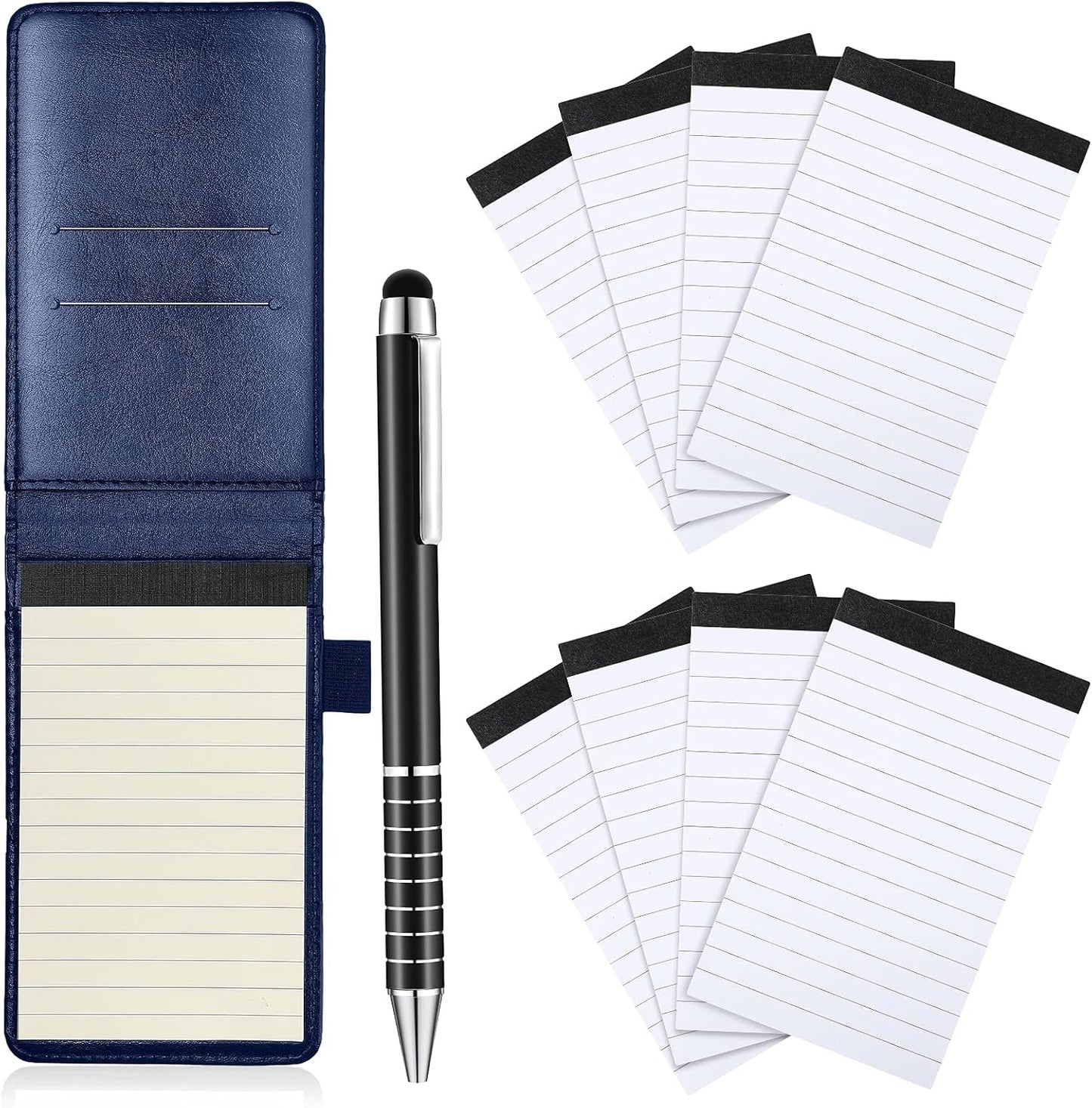 Outus 10 Pcs Mini Pocket Notepad Holder Set Included Small Leather Pocket Notebook Holder with 50 Lined Sheets, Metal Pen, 8 Pcs 3 x 5 Inch Memo Book Refills, 30 Lined Paper Per Note Pad (Black)