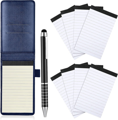 Outus 10 Pcs Mini Pocket Notepad Holder Set Included Small Leather Pocket Notebook Holder with 50 Lined Sheets, Metal Pen, 8 Pcs 3 x 5 Inch Memo Book Refills, 30 Lined Paper Per Note Pad (Black)