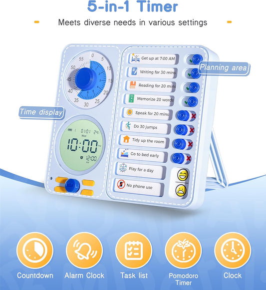 3-in-1 Visual Timer Task Timer with Chore Chart Board, ADHD Tool for Kids Adults Visual Schedule for Kids with Autism, Daily Checklist for Home, School, Classroom, Desk, Chore Chart