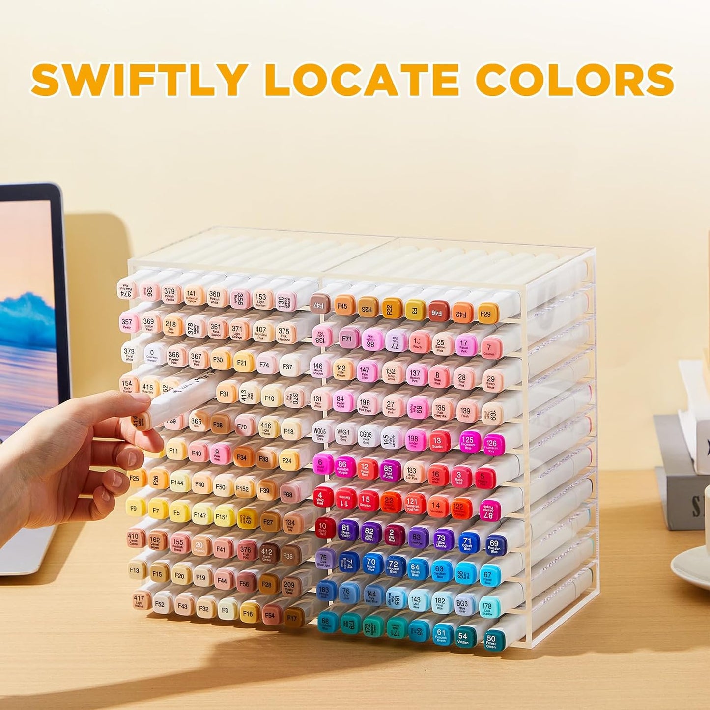 MotiMind Acrylic Marker Organizer for 189 Marker, Large Art Pencil Holder Storage Rack for Desk, Pens Art Brushes Display Stand with 27 Compartments for Desktop, Office (clear, 189 Capacity)