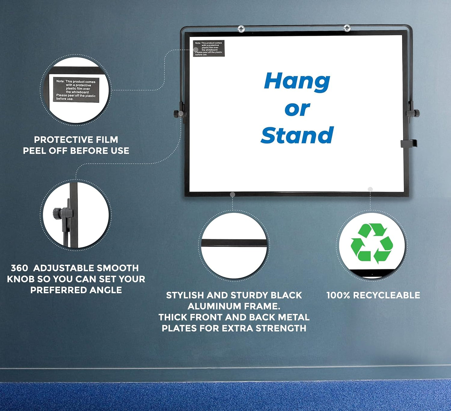 Desktop Dry Erase Board - 16in x12in Double Sided Stylish Black Frame Magnetic Desktop Whiteboard with Stand Comes with 6 Magnetic Markers, 4 Magnets, 1 Eraser, 1 Pen Clip