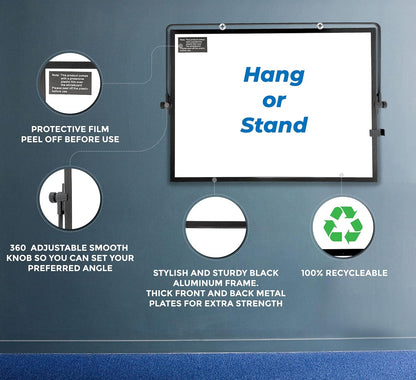 Desktop Dry Erase Board - 16in x12in Double Sided Stylish Black Frame Magnetic Desktop Whiteboard with Stand Comes with 6 Magnetic Markers, 4 Magnets, 1 Eraser, 1 Pen Clip