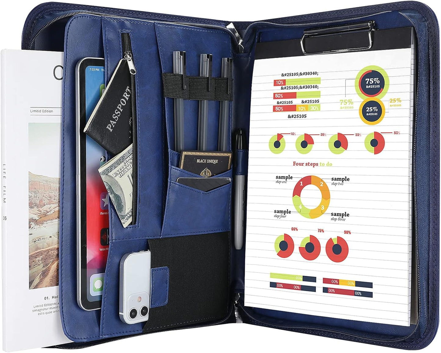 ProCase Portfolio Business Padfolio Folder with Zipper, Conference Meeting Executive File Legal Document Organizer with Pockets Letter Size A4 Writing Pad Notepad Padfolio -Black