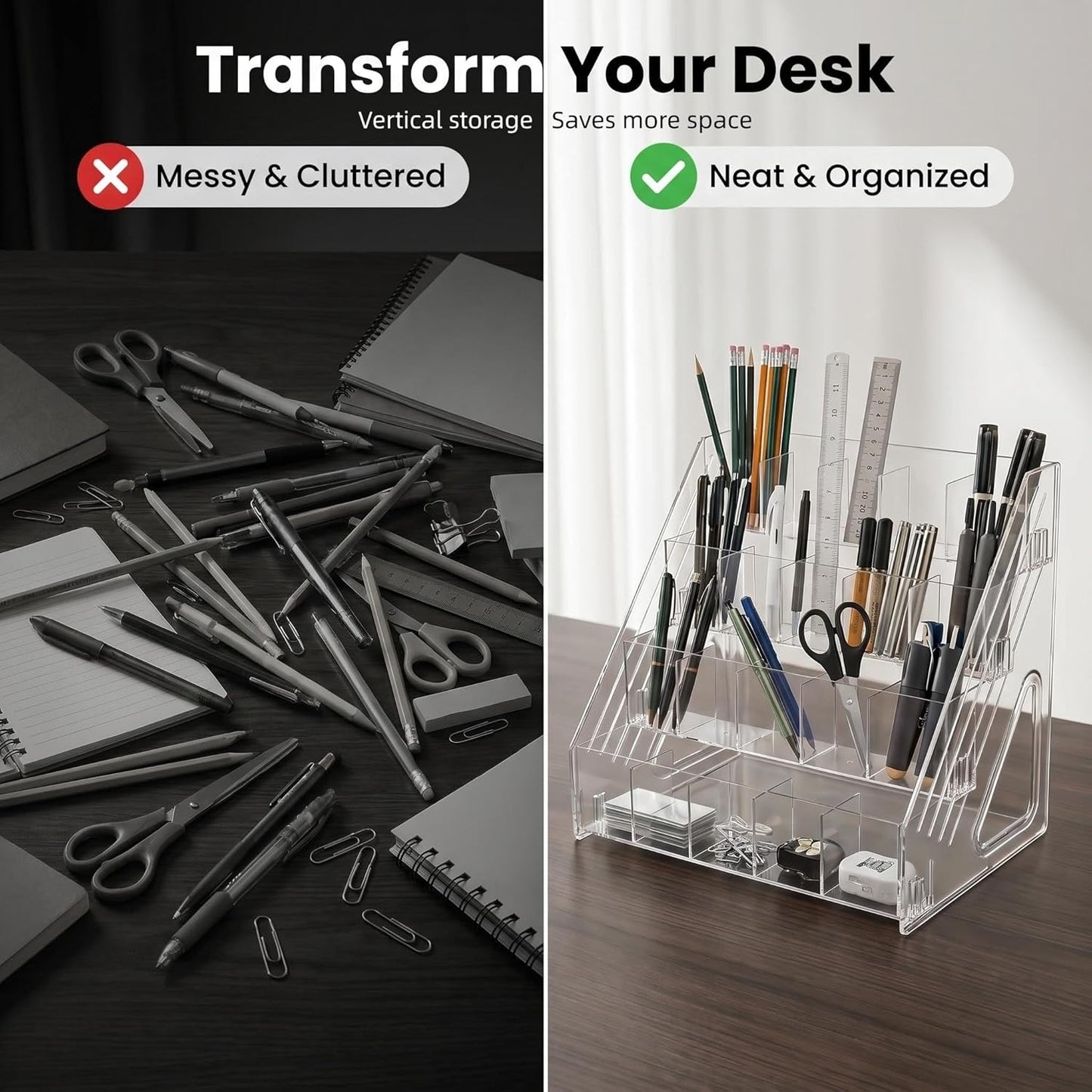 3-Tier Acrylic Desk Organizer, Multi-Slot Marker & Pen Storage Holder, Clear Vertical Desktop Stationery Rack for Small Art Supplies, Compact Office & Home Workspace Organizer
