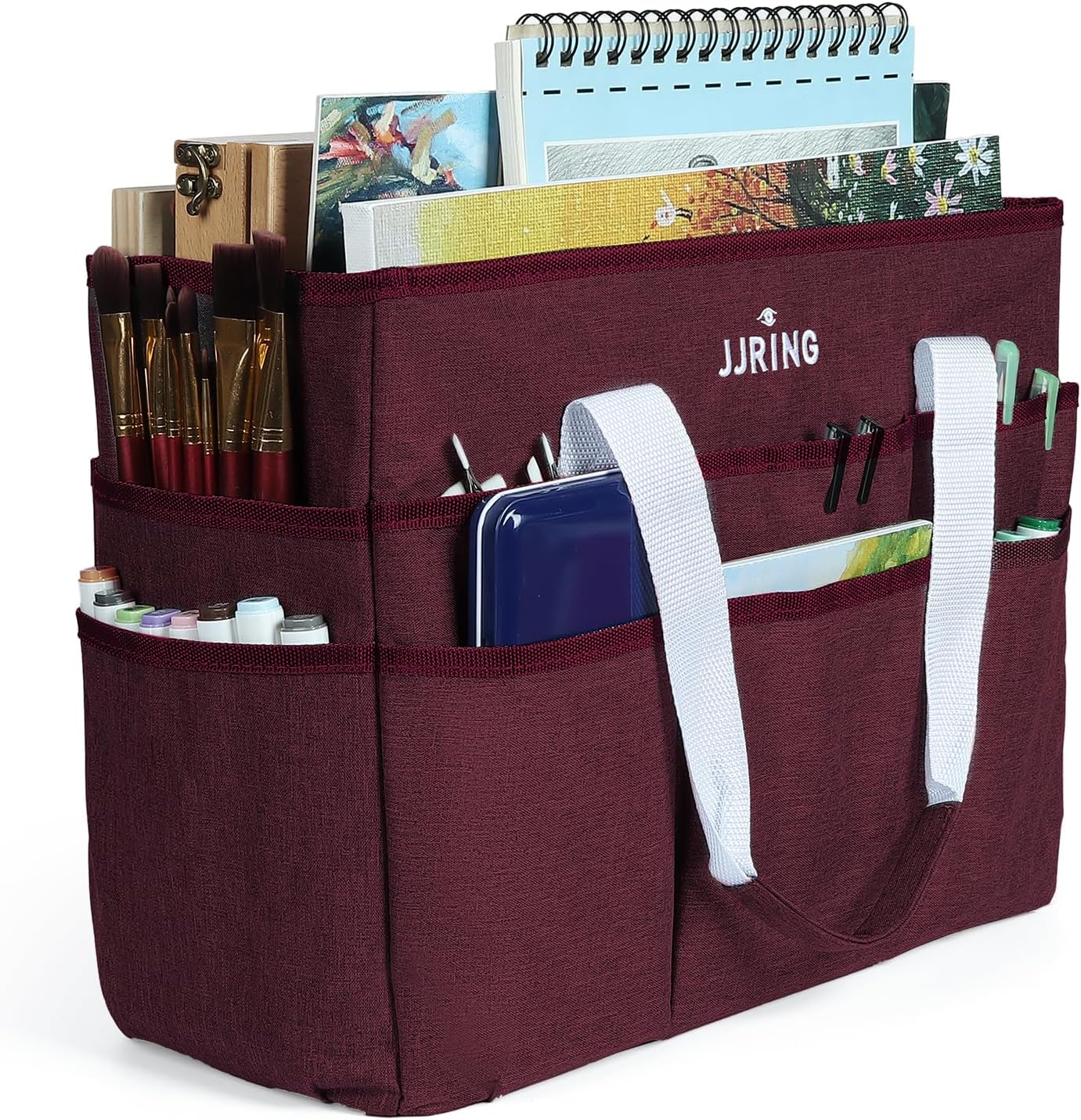 JJRING Craft Organizer Tote Bag for Art Storage, Caddy with Multiple Pockets, Bluish Green Sewing Bag for Scrapbooking, School, Medical, and Office Supplies
