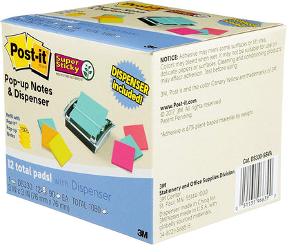 Post-it Sheet Super Sticky Note and Dispenser Value Pack, 3 in x 3 in, 12 Pads, Assorted Colors (DS330-SSVA)