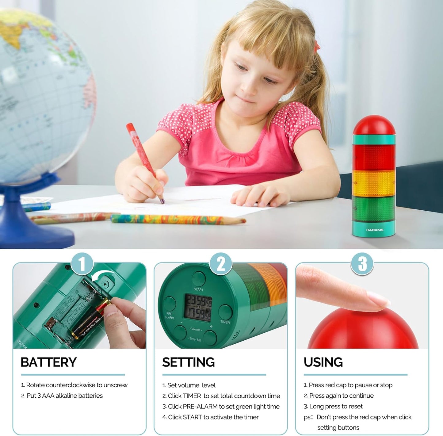 KADAMS Visual Timer for Kids with Audio Pre-Alarm - Traffic Light Alarm for Kids Toddler Teachers Classroom Home Time Management Tool 24hr Countdown Pause Memory Function