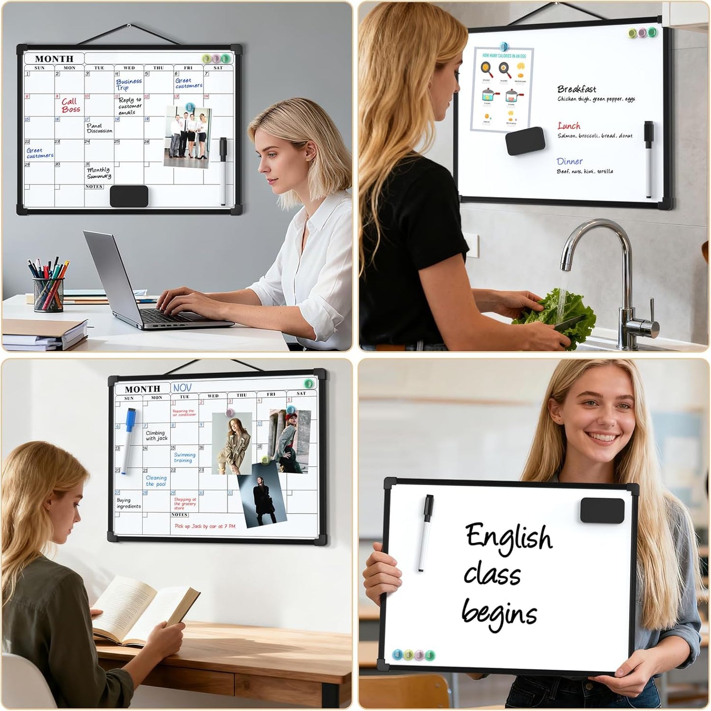 MaxGear Monthly Calendar Dry Erase Board for Wall, 16"x12" Small Hanging Double-Sided White Board, Portable Whiteboard for Planning, Drawing, Memo, to Do List, School, Home, Kitchen, Office