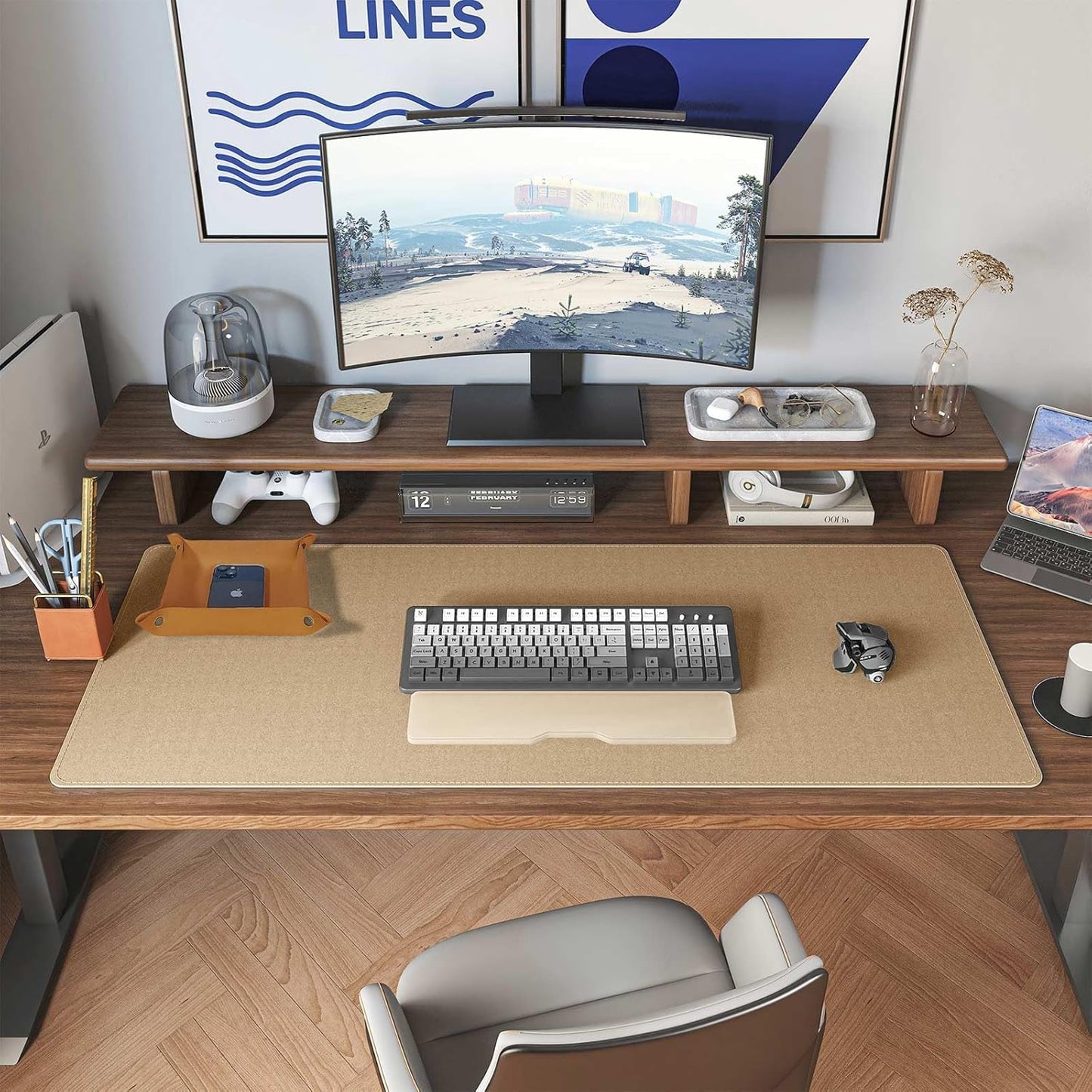 DAWNTREES Dual Sided Desk Mat,Leather Desk Pad,Brown 40"x16",Cork Desk Mat Protector,with PU Leather Valet Tray Organizer,Large Mouse Pad,Desk Writing Pad for Office and Home