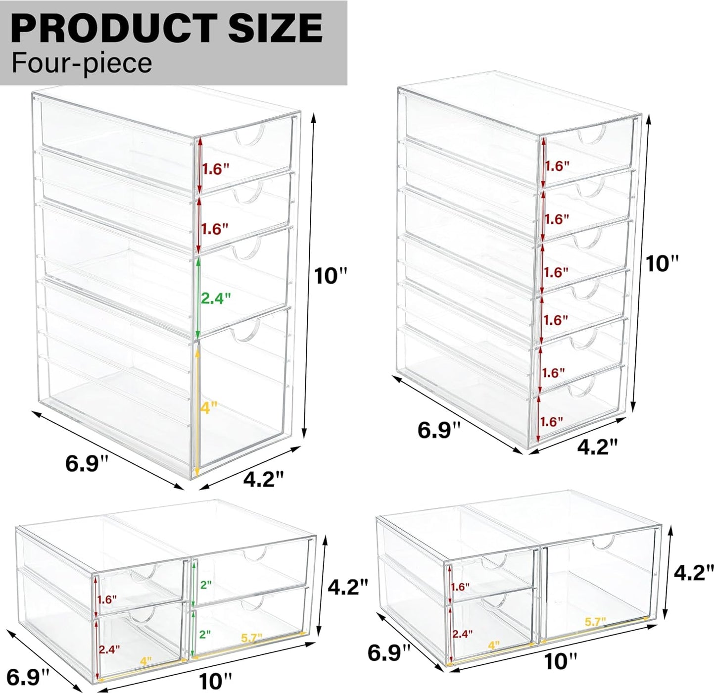 Prsildan Acrylic Drawer Makeup Organizer with 6 Drawers (Not for Baby Bottle), Set of 2 Office Desk Organizers Accessories, Clear Stackable Storage Drawers for Vanity, Craft (Largest Drawer 4" Tall)