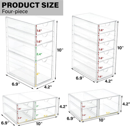 Prsildan Acrylic Drawer Makeup Organizer with 6 Drawers (Not for Baby Bottle), Set of 2 Office Desk Organizers Accessories, Clear Stackable Storage Drawers for Vanity, Craft (Largest Drawer 4" Tall)