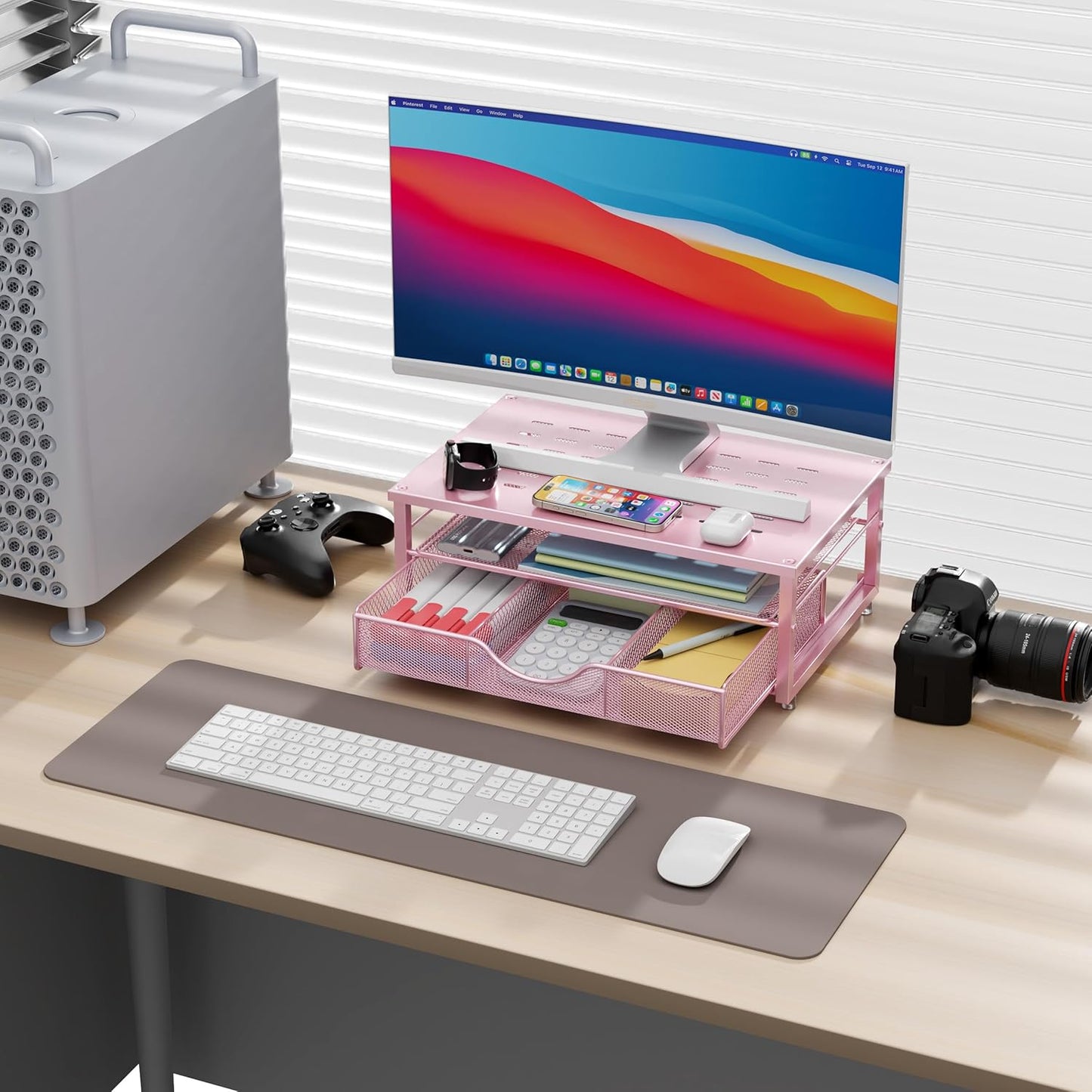 gianotter Computer Monitor Stand Riser, office organizer with Drawer, Office Organizers Storage for Classroom Office Supplies (Wood)