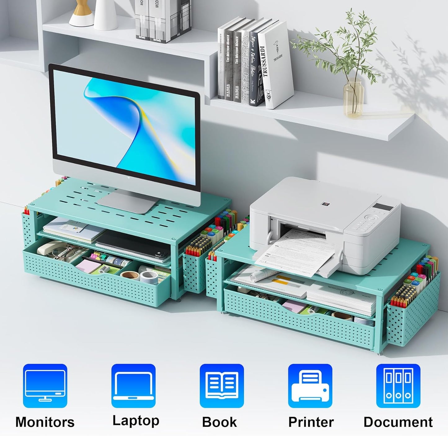 gianotter Monitor Stand Riser, Office Desk Shelf Organizer, Desk Organizer with Drawer and Pen Holder, 2-Tier Computer Stand, Office Organization (Ink)