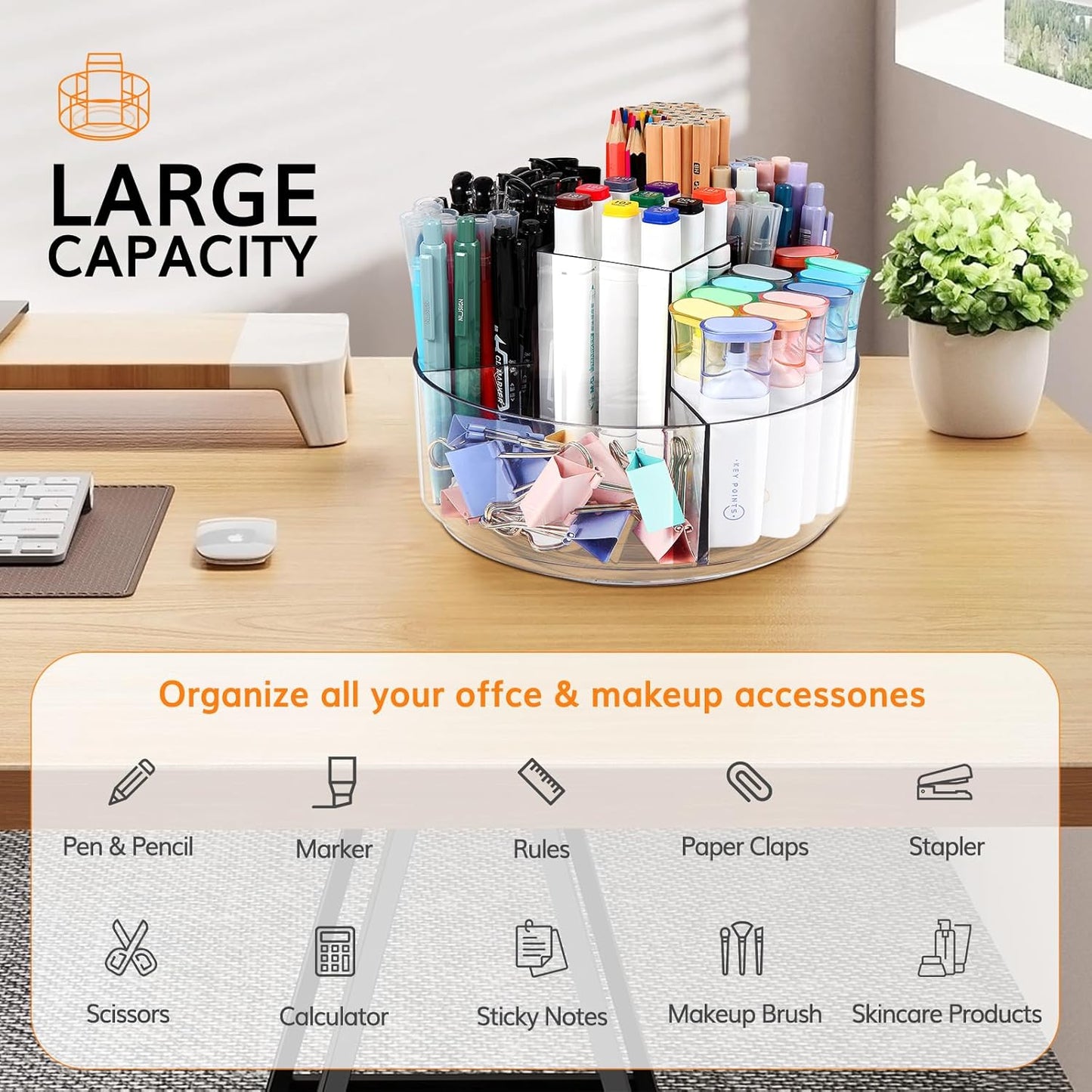 Rotating Pencil Holder for Desk, 5 Slots 360-Degree Spinning Acrylic Pen Holder for Desk, Marker Holder Caddy Art Supply Organizer Pen Organizer for Office Home School