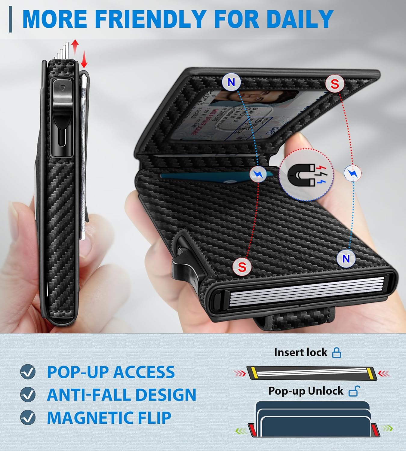 miyozi Airtag Wallet for Men Money Clip 9-Card Pop-Up Credit Card Holder with ID Window RFID Blocking Metal Case Magnetic Closure Front Pocket Wallet Gift Box | with Money Clip