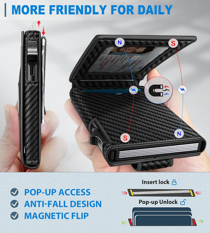 miyozi Airtag Wallet for Men Money Clip 9-Card Pop-Up Credit Card Holder with ID Window RFID Blocking Metal Case Magnetic Closure Front Pocket Wallet Gift Box | with Money Clip