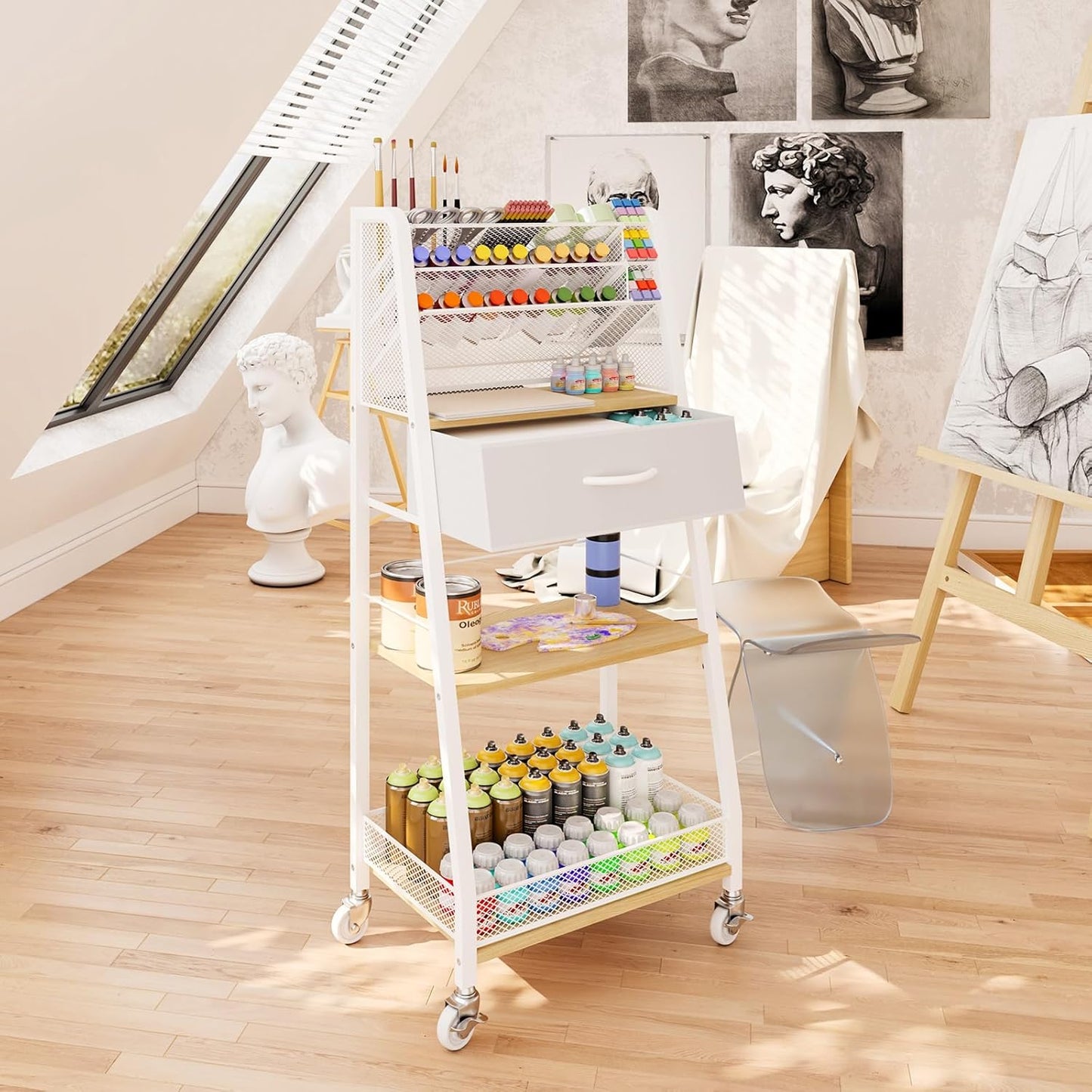Homsorout 3 Tier Rolling Cart - Metal Utility Cart with Storage Drawer and Wheels, Versatile Art & Craft Organizer for Home, Office, or Studio - Ideal for Storing Brushes, Paints, and Supplies