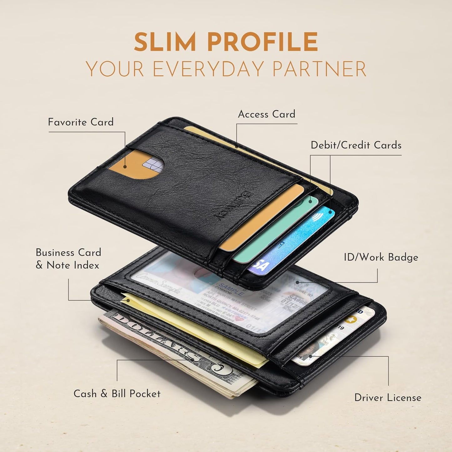 Buffway Slim Minimalist Front Pocket RFID Blocking Leather Wallets for Men and Women - Carbon Fiber Black - Colors A