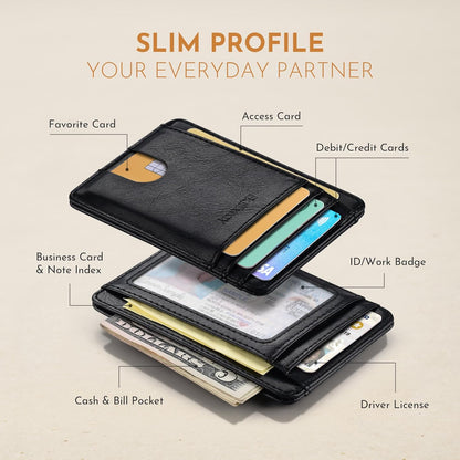 Buffway Slim Minimalist Front Pocket RFID Blocking Leather Wallets for Men and Women - Carbon Fiber Black - Colors A
