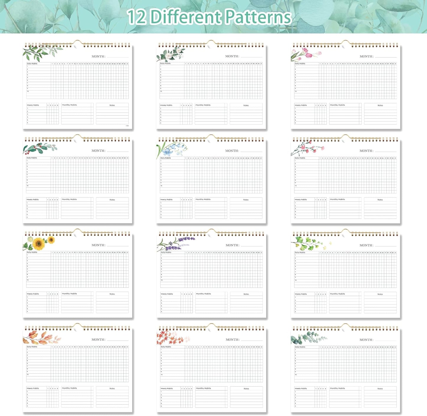 Habit Tracker Calendar - 12 Months Undated Daily Planner, 8"x10", Weekly & Monthly Period Habit Tracker Journal, Floral, Spiral Binding with Writable Goals Habits Track