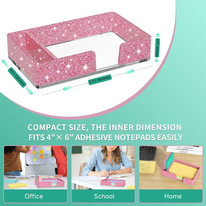 Sticky Note Holder, Glitter Pink Acrylic Notepad Holder 3x3 in Self-Stick Note Dispenser Office Desk Accessories, Memo Pad Holder Organizer for Classroom School Supplies